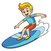 Cartoon boy surfing on a blue surfboard with joyful expression vector