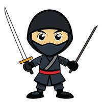Cartoon ninja character holding katana and sword isolated on white background vector