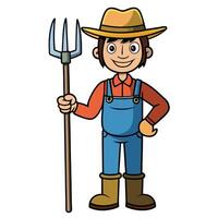 Cartoon farmer character standing smiling and holding a pitchfork wearing overalls and a hat vector