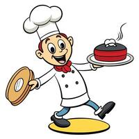 Cartoon chef holding delicious cake and doughnuts promoting bakery menu items professionally vector