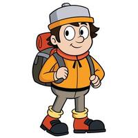 Cartoon hiker boy with backpack ready for outdoor adventure isolated illustration vector