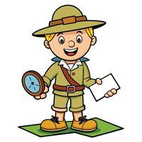 Cartoon explorer boy with compass and map smiling adventure ready illustration vector