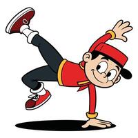Cartoon boy performing a handstand breakdance move character illustration optimistic expression vector