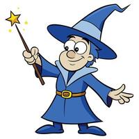 Cartoon wizard casting a spell with a wand and stars against white background vector