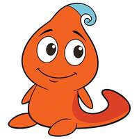 Cartoon orange creature with blue curl isolated on white background sitting down smiling vector