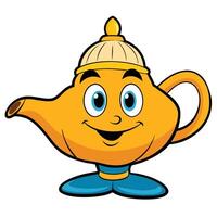Cartoon genie lamp character with smiling face and magical appearance illustration art vector
