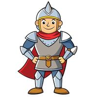 Cartoon knight illustration standing proudly wearing armor helmet and red cape in a confident pose vector