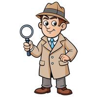 Cartoon detective character with magnifying glass investigating mystery case illustration vector