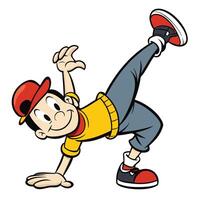 Cartoon boy in breakdance pose with happy smiling face and red baseball cap vector