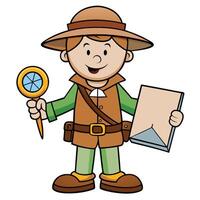 Cartoon explorer holding magnifying glass and map ready for adventure illustration vector