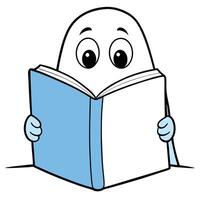 Cartoon character reading an open book with a light blue cover education and learning vector