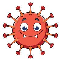 Cute cartoon coronavirus character with a smiling face and two fangs vector