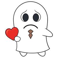 Sad ghost character holding red heart expression of loneliness vector