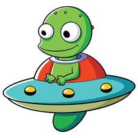 Cheerful green alien cartoon character riding a retro style flying saucer vector