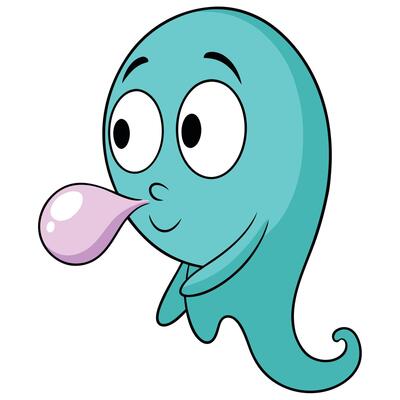 Cartoon ghost character blowing pink bubble gum illustration image
