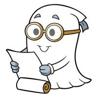 Cartoon ghost character reading scroll illustration for halloween designs vector
