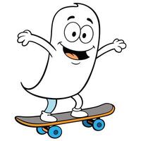 Cartoon ghost character riding skateboard with happy expression and playful pose vector