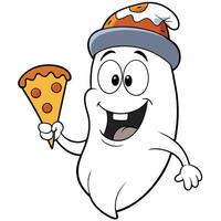 Cartoon ghost character with pizza hat holding pizza slice smiling vector