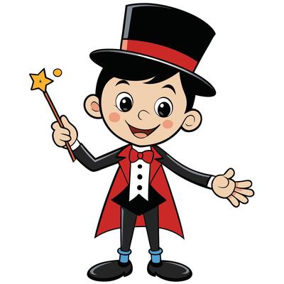 Cartoon magician boy with wand wearing top hat and red bowtie