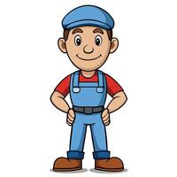 Cartoon style illustration of smiling man wearing overalls and cap with hands on hips vector