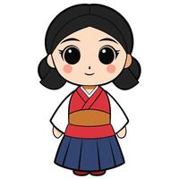 Cute cartoon girl in traditional korean hanbok dress isolated on white vector