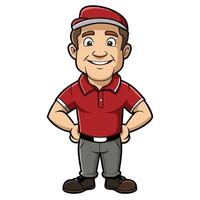 Cartoon delivery man character standing with hands on hips in red uniform vector