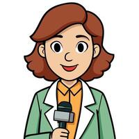 Cartoon female news reporter with microphone delivering journalism media broadcast vector
