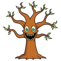 Cartoon evil tree character with green leaves isolated on white background illustration vector