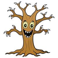 Cartoon scary tree character with big eyes and sharp teeth illustration vector