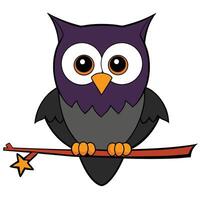 Cartoon owl with large eyes perched on branch with star end vector
