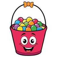 Cartoon bucket full of colorful candy balls with a smiling face vector