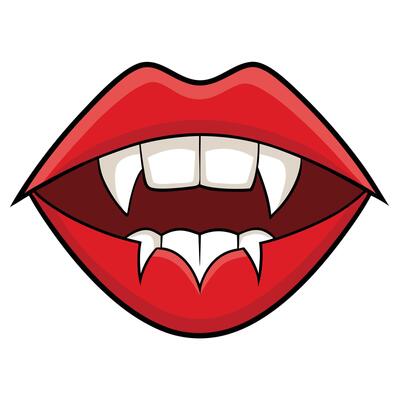 Cartoon vampire mouth with red lips and sharp fangs spooky halloween design