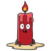 Cartoon red candle character melting with a surprised expression and flame vector
