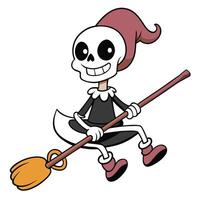 Cartoon skeleton witch flying on a broomstick halloween illustration vector