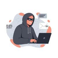Hacker wearing hoodie using laptop for cybercrime and email hacking illustration vector