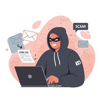 Hacker in hoodie working on laptop sending scam and spam emails with digital security warning illustration vector