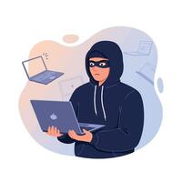 Hacker in dark hoodie holding laptop with floating laptops around digital cybercrime concept illustration vector