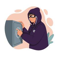 Hacker in hoodie accessing safe with combination lock illustration in modern style vector