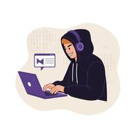 Hacker Wearing Hoodie and Headphones Typing on Laptop with Binary Code Background Illustration vector