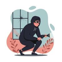 Burglar in black hoodie crouching with flashlight near broken window security breach concept vector