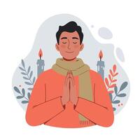 Man Meditating Calmly with Hands Together Wearing Scarf and Orange Sweater in Relaxing Environment vector