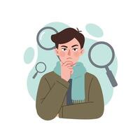 Young man in thoughtful pose with magnifying glasses in background illustration vector