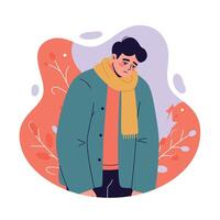 Sad man in warm winter coat and yellow scarf with abstract background illustration vector