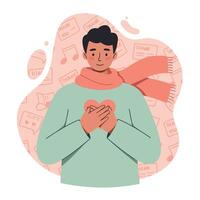 Man expressing gratitude with heart gesture and warm scarf in cozy winter illustration vector