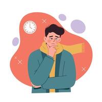 Man wearing scarf feeling worried and thoughtful with clock background illustration vector
