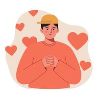 Sad man showing emotion with hands clasped and hearts floating in background illustration vector