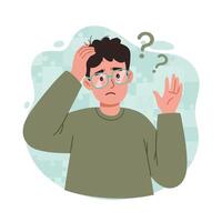 Confused young man scratching head with question marks above illustration of puzzled expression and uncertainty in green sweater vector