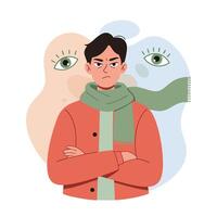 Young man with green scarf expressing anger and crossed arms illustration with abstract eyes background vector
