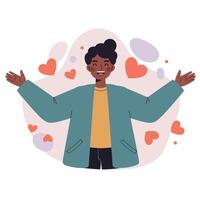 Happy person with open arms surrounded by hearts and abstract shapes expressing love and joy illustration vector