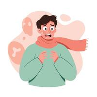 Man with cold symptoms wearing scarf and green sweater surrounded by germs and viruses illustration vector
